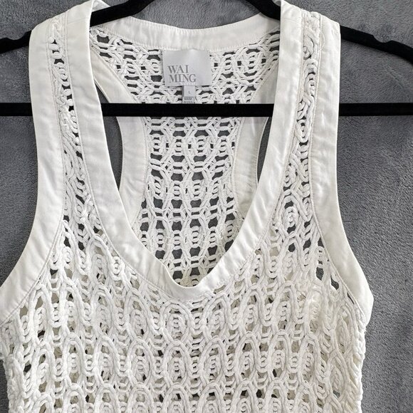WAI MING Women Open Knit Crochet Tank Top Sz L White Racerback Spring 17-12 - Picture 3 of 9
